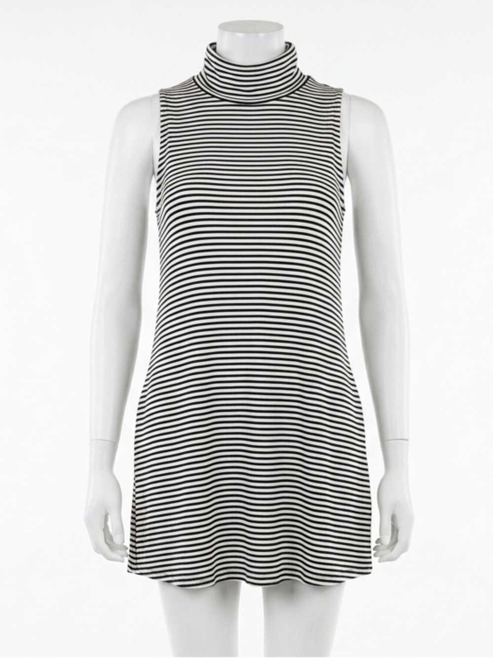 LOFT Swing Tunic Mini Dress Black White Striped Sleeveless Turtleneck Size Small